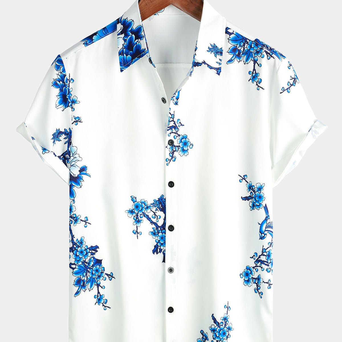 Men's Blue Floral Printed Button Up Casual Short Sleeve Shirt – Atlanl