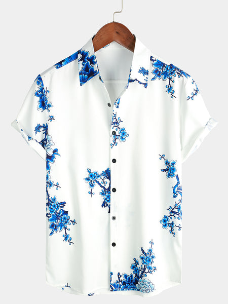 Men's Blue Floral Printed Button Up Casual Short Sleeve Shirt – Atlanl