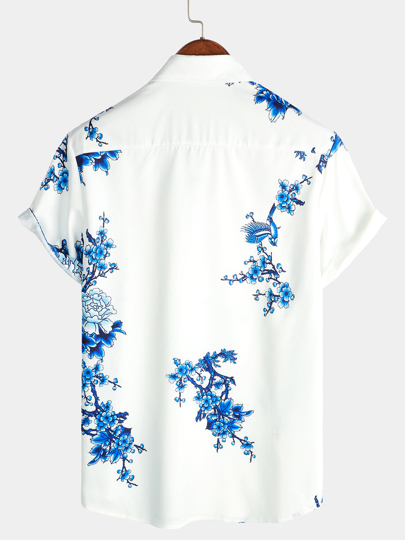 Men's Vintage Hutspah Polyester Button Up Shirt Blue Ocean Clouds Sz Small