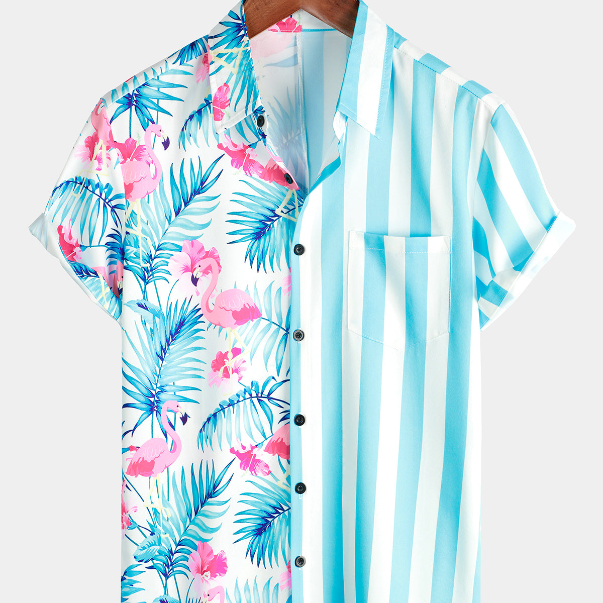 Men's Striped & Flamingo Print Hawaiian Pocket Short Sleeve Shirt