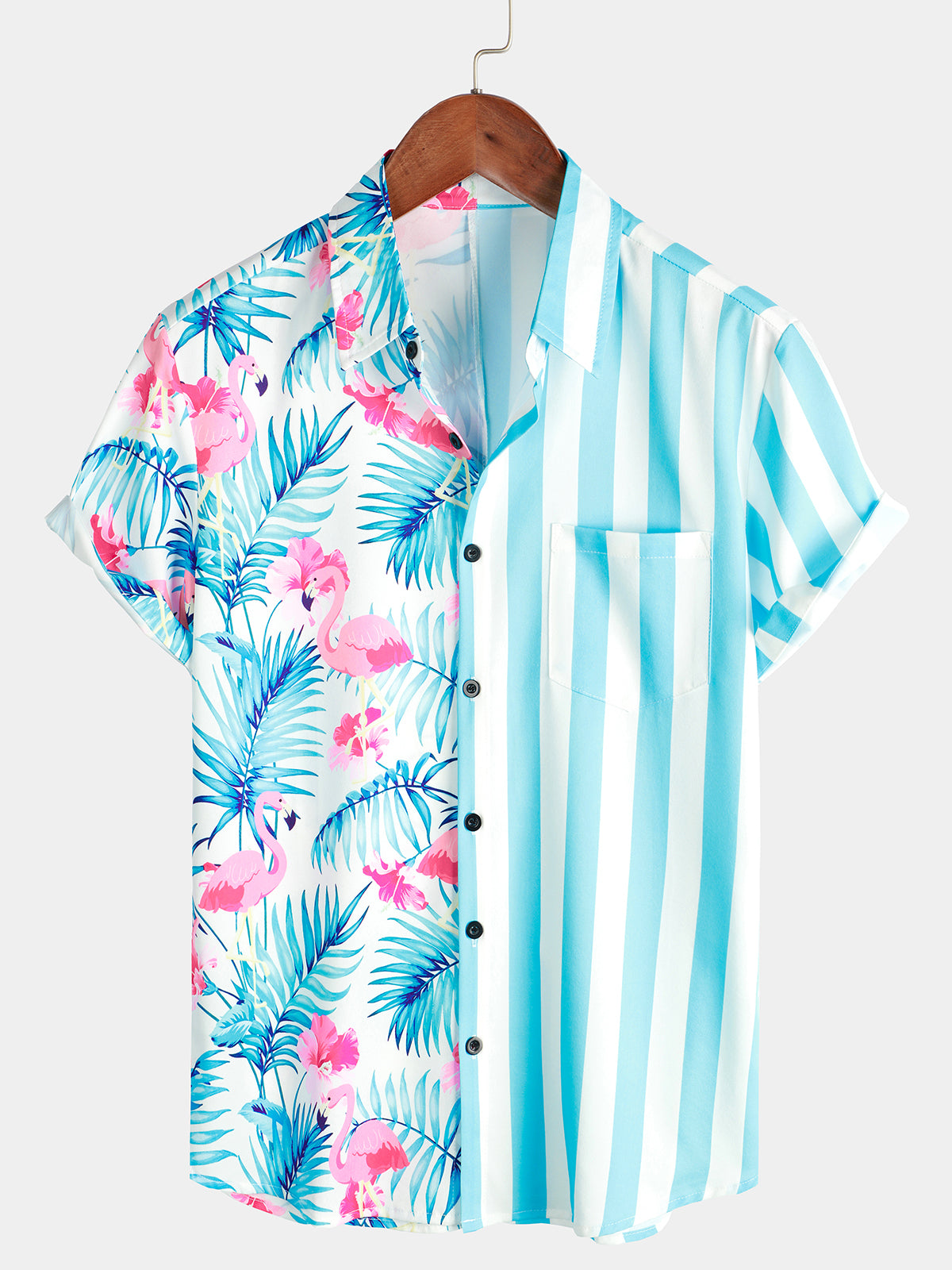 Men's Striped & Flamingo Print Hawaiian Pocket Short Sleeve Shirt