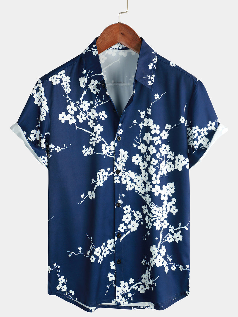 Men's Floral Print Vintage Navy Blue Casual Short Sleeve Lapel Shirt ...