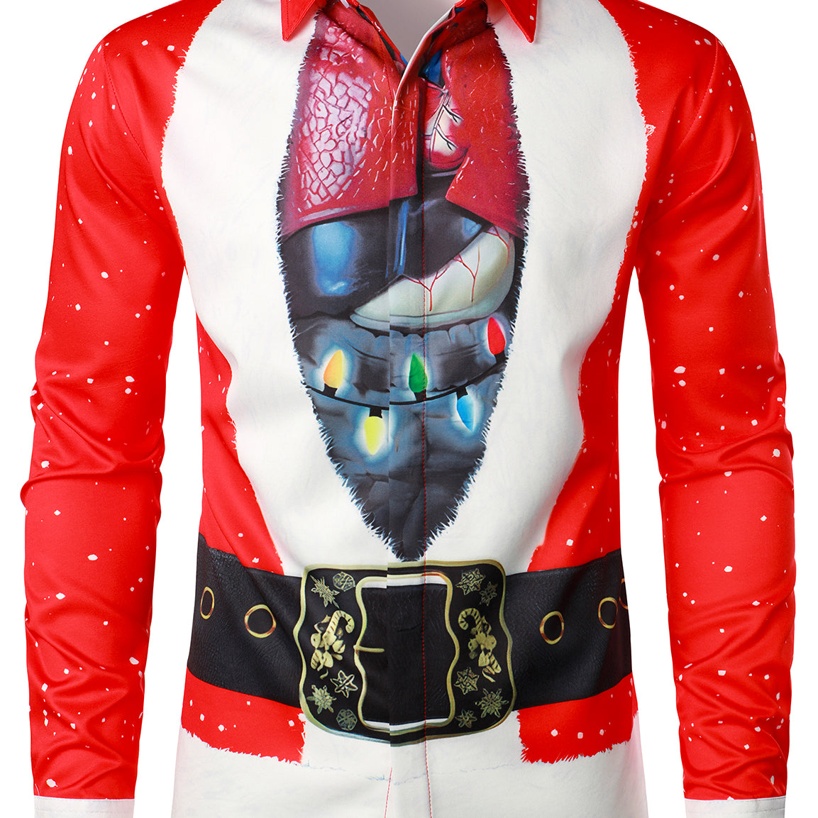 Men's Red Christmas Belt Print Holiday Top Santa Claus Funny Long Sleeve Shirt
