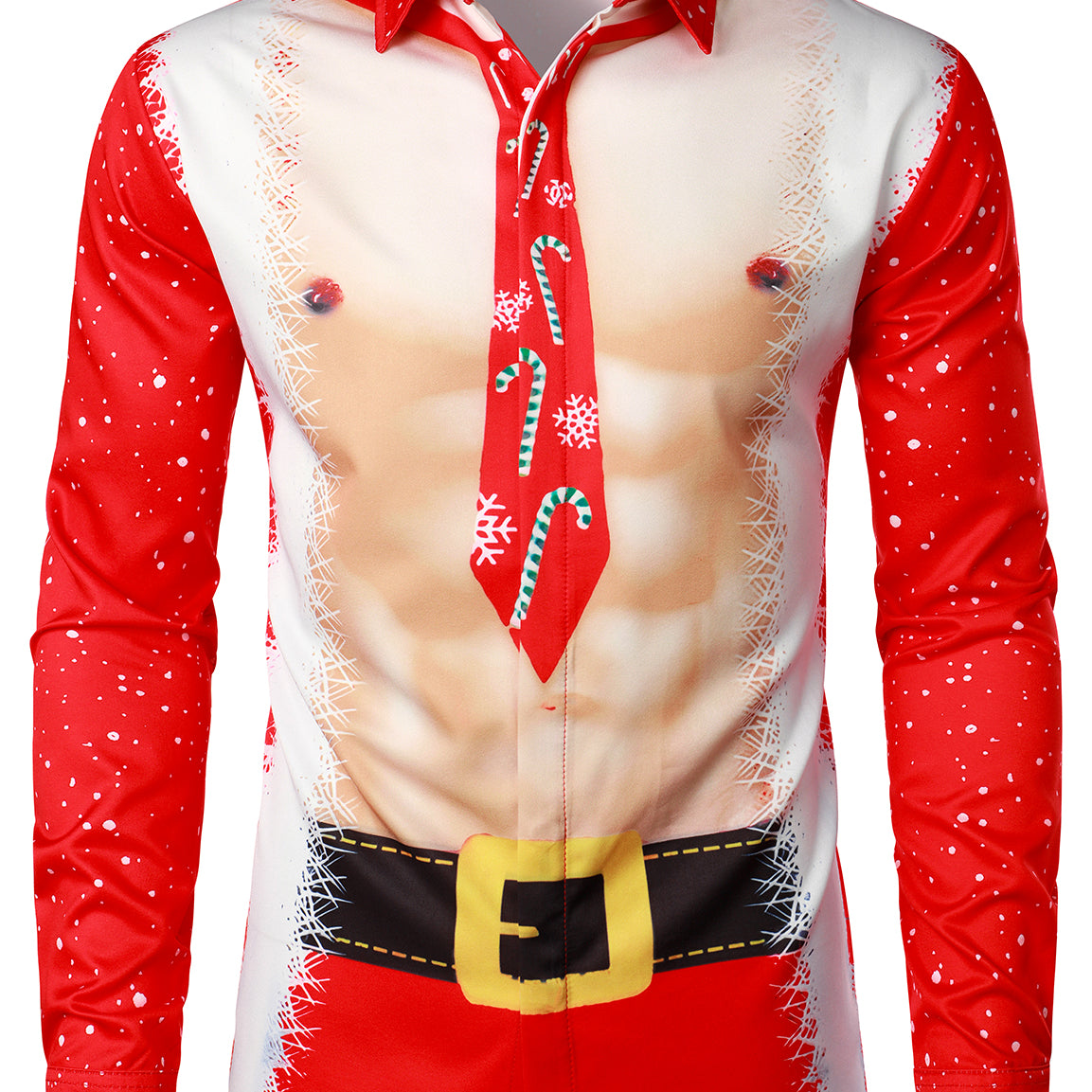 Men's Christmas Themed Santa Claus Muscle Funny Print Costume Red Lapel Long Sleeve Shirt