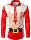 Men's Christmas Themed Santa Claus Muscle Funny Print Costume Red Lapel Long Sleeve Shirt