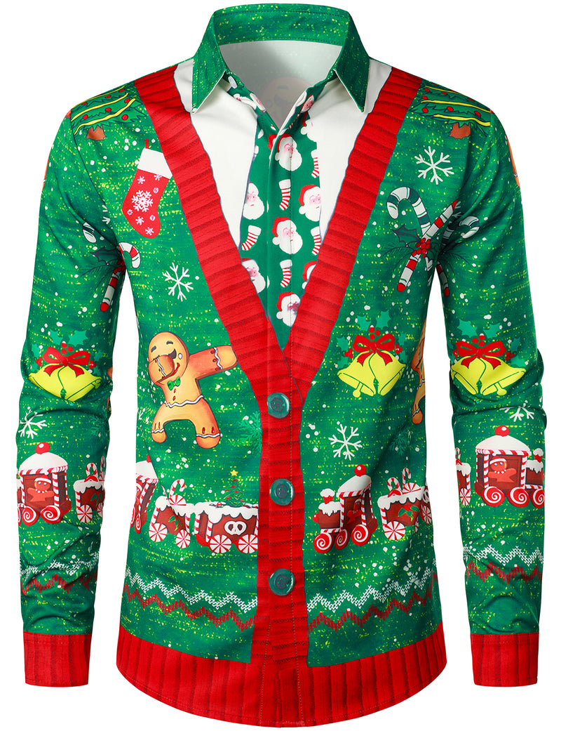 Men's Christmas Crackers Bell Print Funny Outfit Themed Top Long Sleeve Shirt