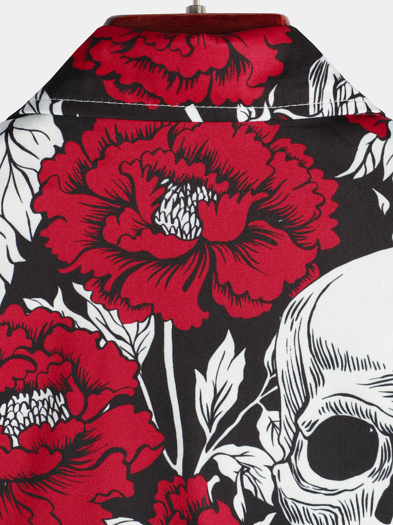 Men's Punk Rock Rose Flower Skull Print Short Sleeve Shirt