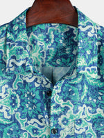 Men's Vintage Print Tropical Pocket Holiday Beach Cruise Button Up Short Sleeve Blue Hawaiian Shirt