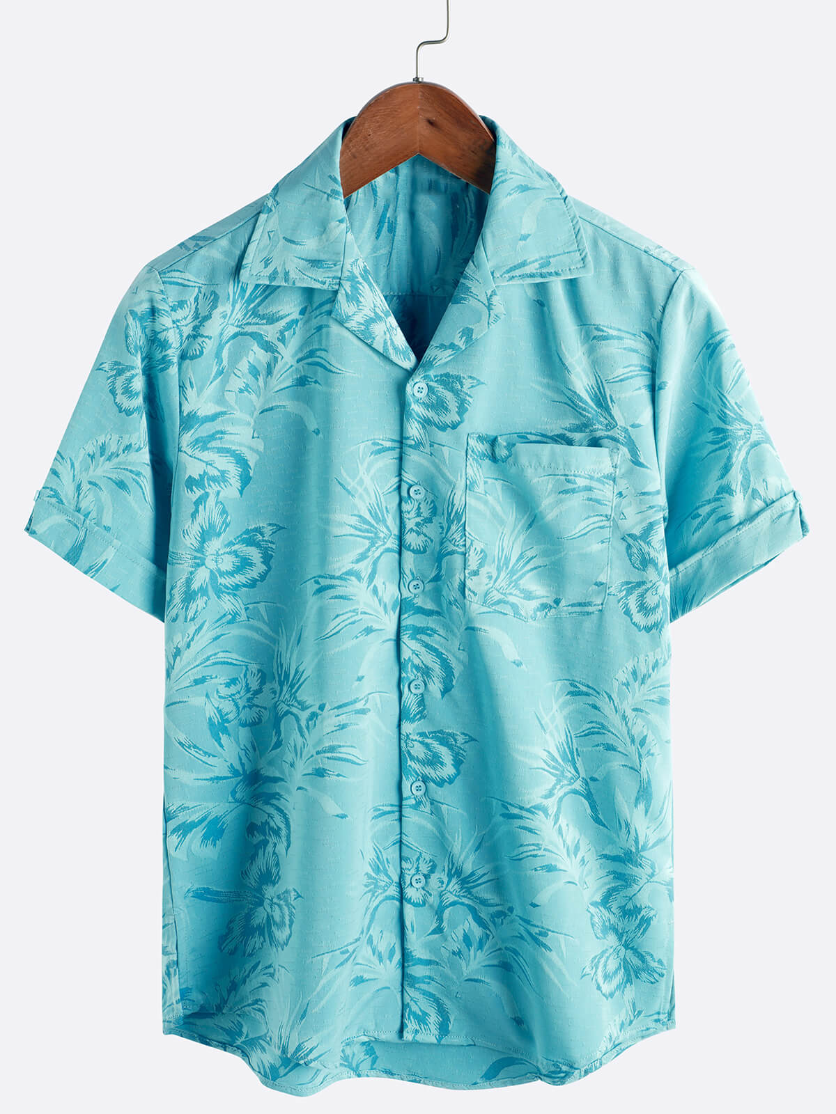 Men's Floral Pocket Jacquard Button Up Short Sleeve Summer Cuban Collar Camp Hawaiian Beach Shirt