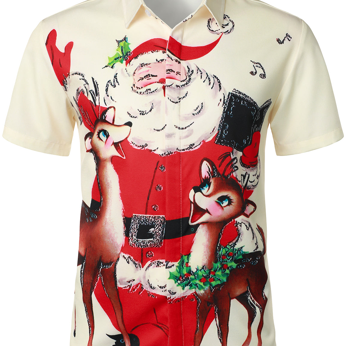 Men's Beige Vintage Santa Claus Elk Print Xmas Short Sleeve Christmas Shirt
