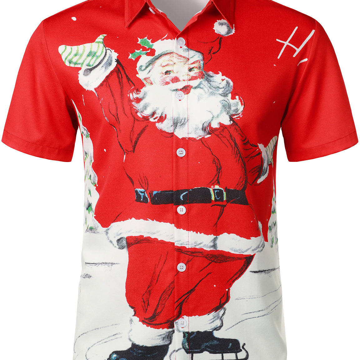 Men's Vintage Snow Santa Claus Red Short Sleeve Christmas Shirt