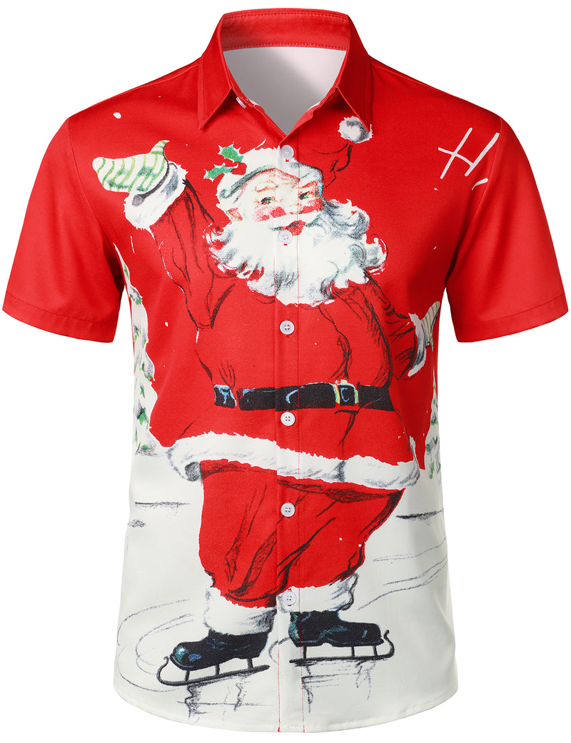 Men's Vintage Snow Santa Claus Red Short Sleeve Christmas Shirt