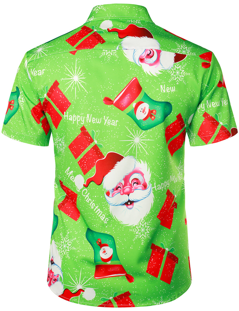 Men's Vintage Santa Claus And Gift Print Costume Green  Funny Christmas Themed Short Sleeve Shirt