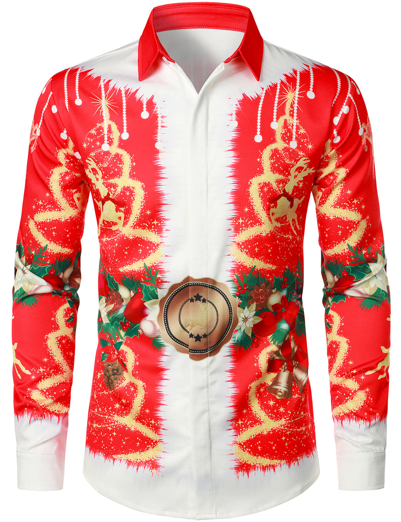 Men's Christmas Print Costume Red Funny Outfit Fancy Button Long Sleeve Shirt