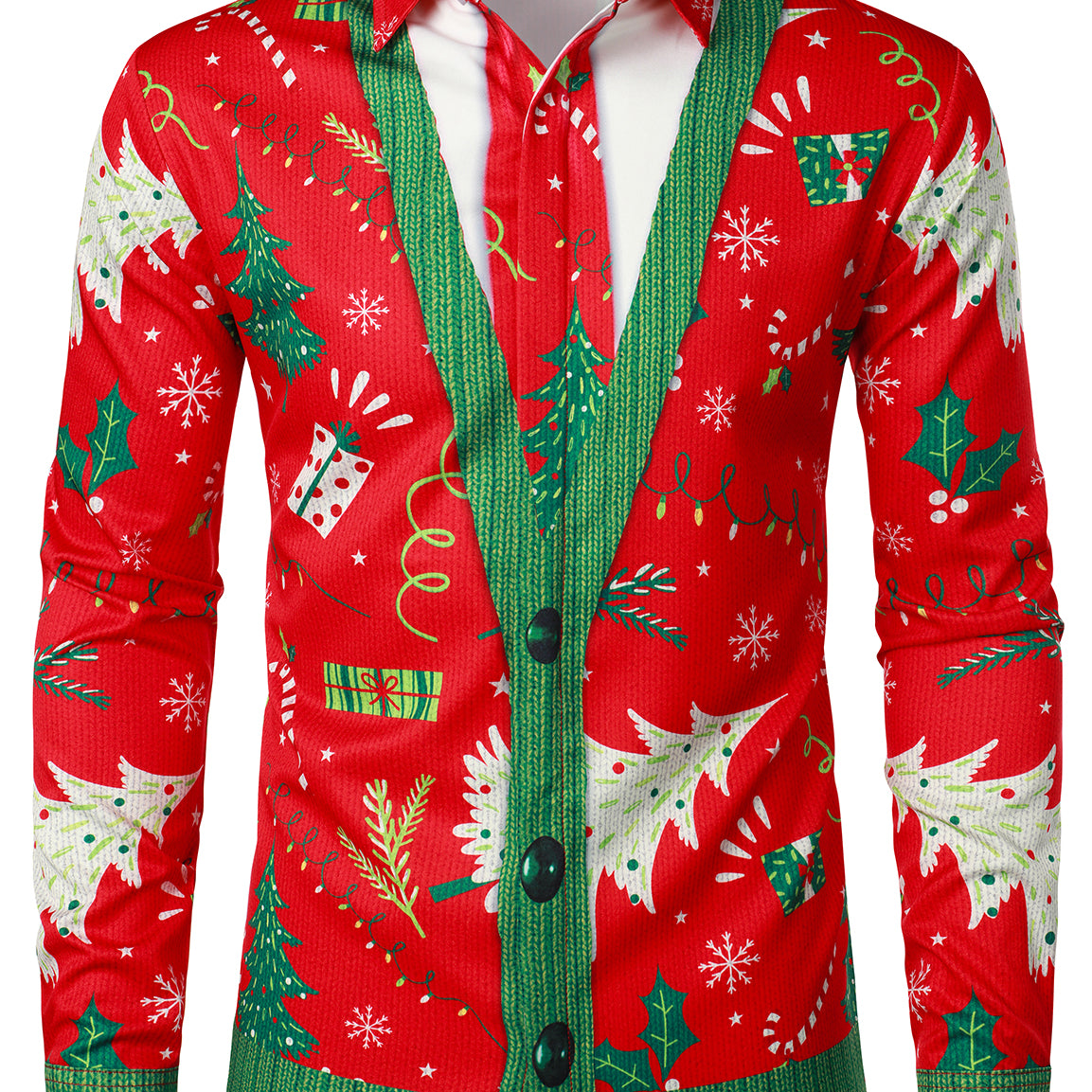 Men's Christmas Tree Print Funny Outfit Themed Top Red Long Sleeve Shirt