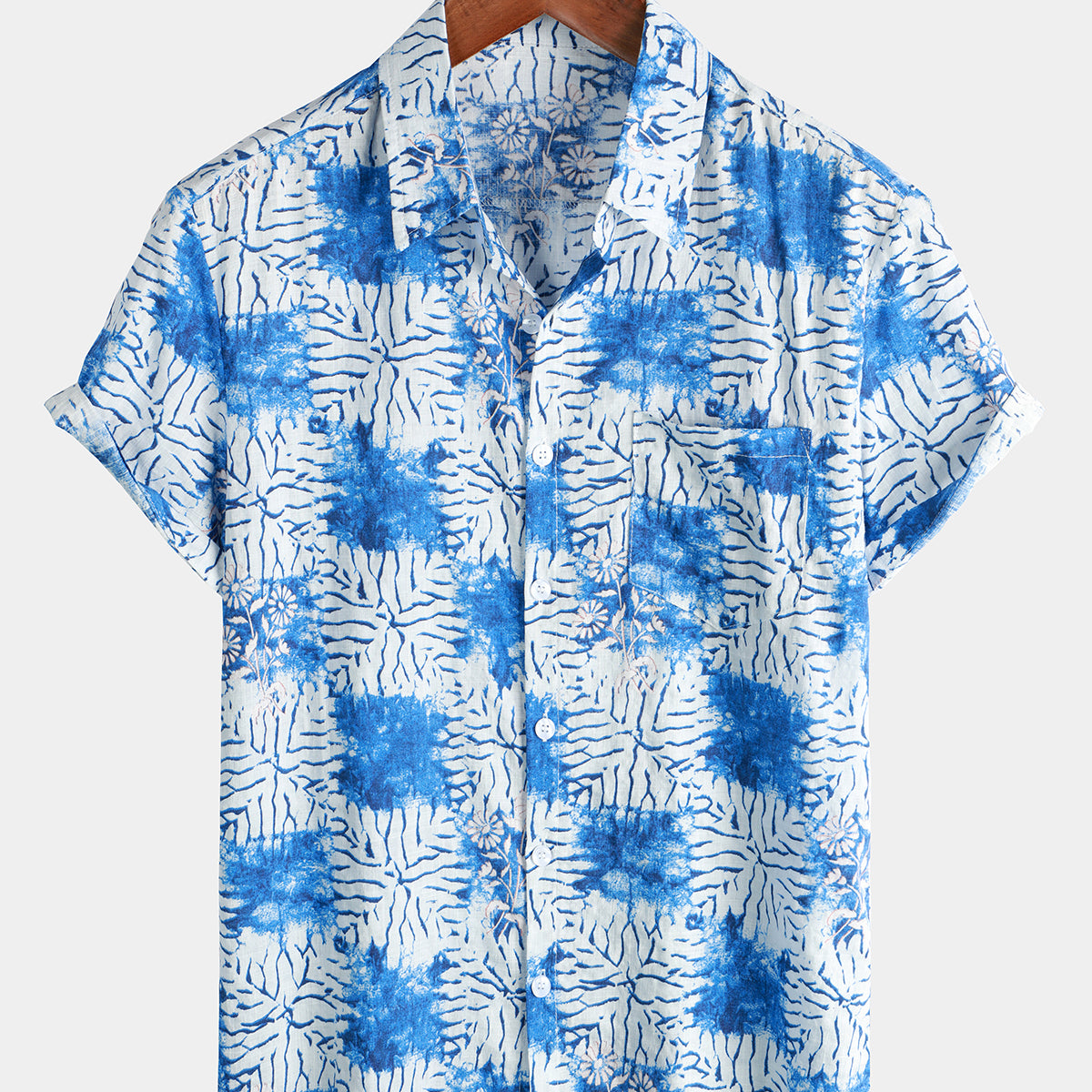 Men's Blue Floral Print Breathable Cotton Retro Pocket Short Sleeve Shirt