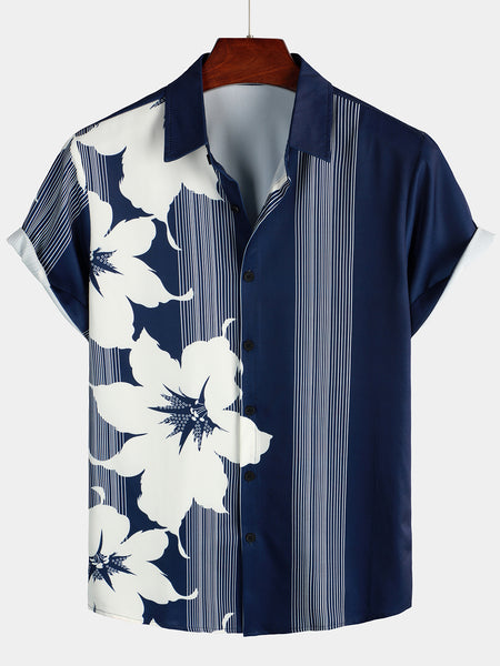 Men's Vertical Stripe Flower Print Vacation Navy Blue Hawaiian Vintage ...