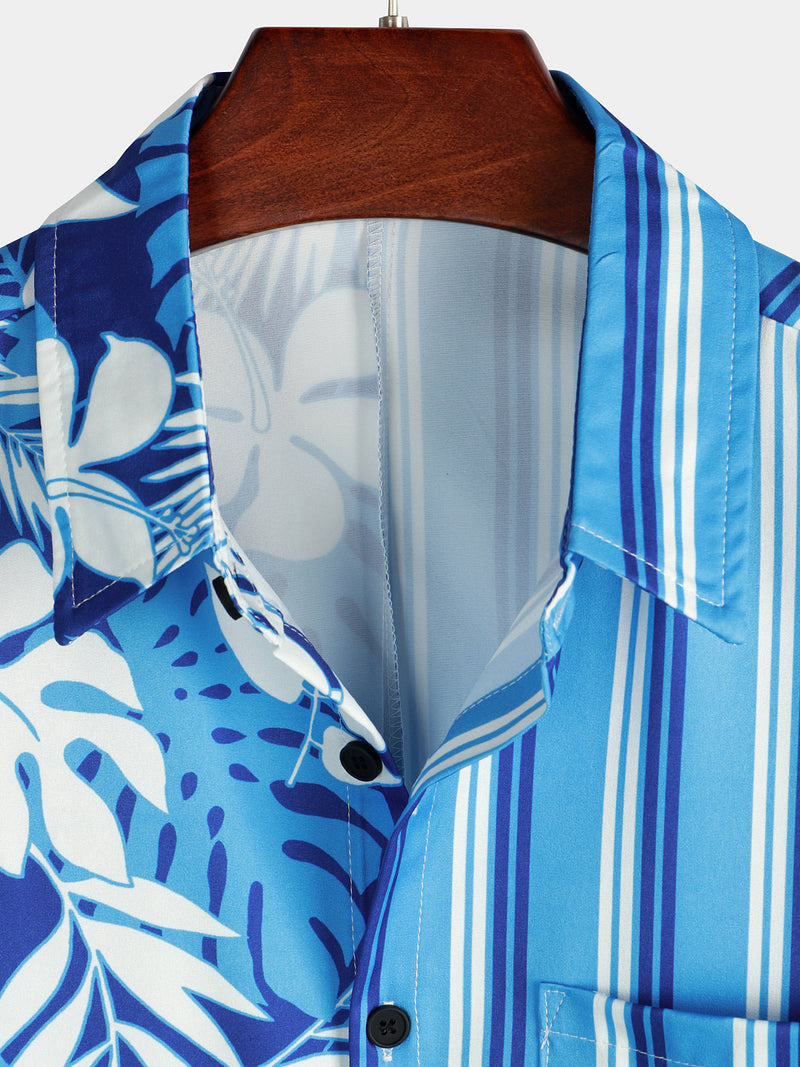 Men's Floral Tropical Print Blue and White Striped Beach Short Sleeve Button Up Hawaiian Shirt