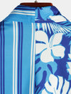 Men's Floral Tropical Print Blue and White Striped Beach Short Sleeve Button Up Hawaiian Shirt