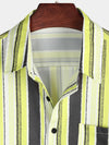 Men's Vintage Black and Yellow Vertical Striped Print Summer Casual Pocket Short Sleeve Shirt