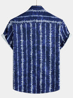 Men's Casual Tribe Striped Flower Sun Print Button Up Blue Top Short Sleeve Lapel Shirt