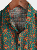 Men's Vintage Ethnic Print Pocket Cotton Retro Top Button Up Casual Short Sleeve Shirt