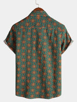 Men's Vintage Ethnic Print Pocket Cotton Retro Top Button Up Casual Short Sleeve Shirt