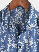 Men's Tropical Leaf Print Top Blue Cotton Button Up Short Sleeve Shirt
