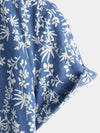 Men's Tropical Leaf Print Top Blue Cotton Button Up Short Sleeve Shirt