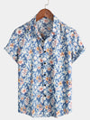 Men's Floral Print Vintage Blue Breathable Cotton Top Button Up Short Sleeve Shirt
