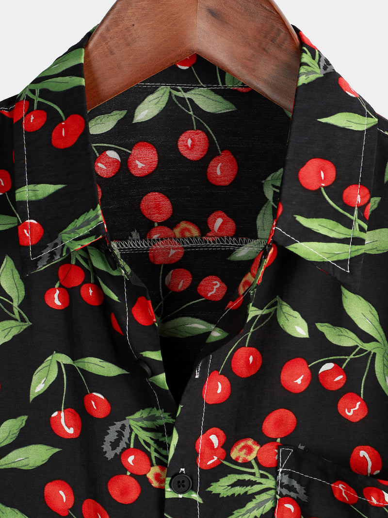 Men's Red Cherry Fruit Print Pocket Hawaiian Short Sleeve Shirt