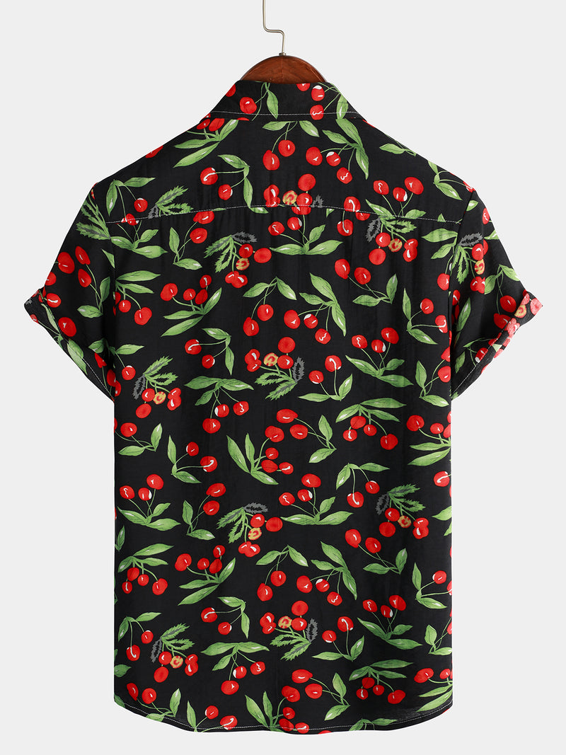 Men's Red Cherry Fruit Print Pocket Hawaiian Short Sleeve Shirt
