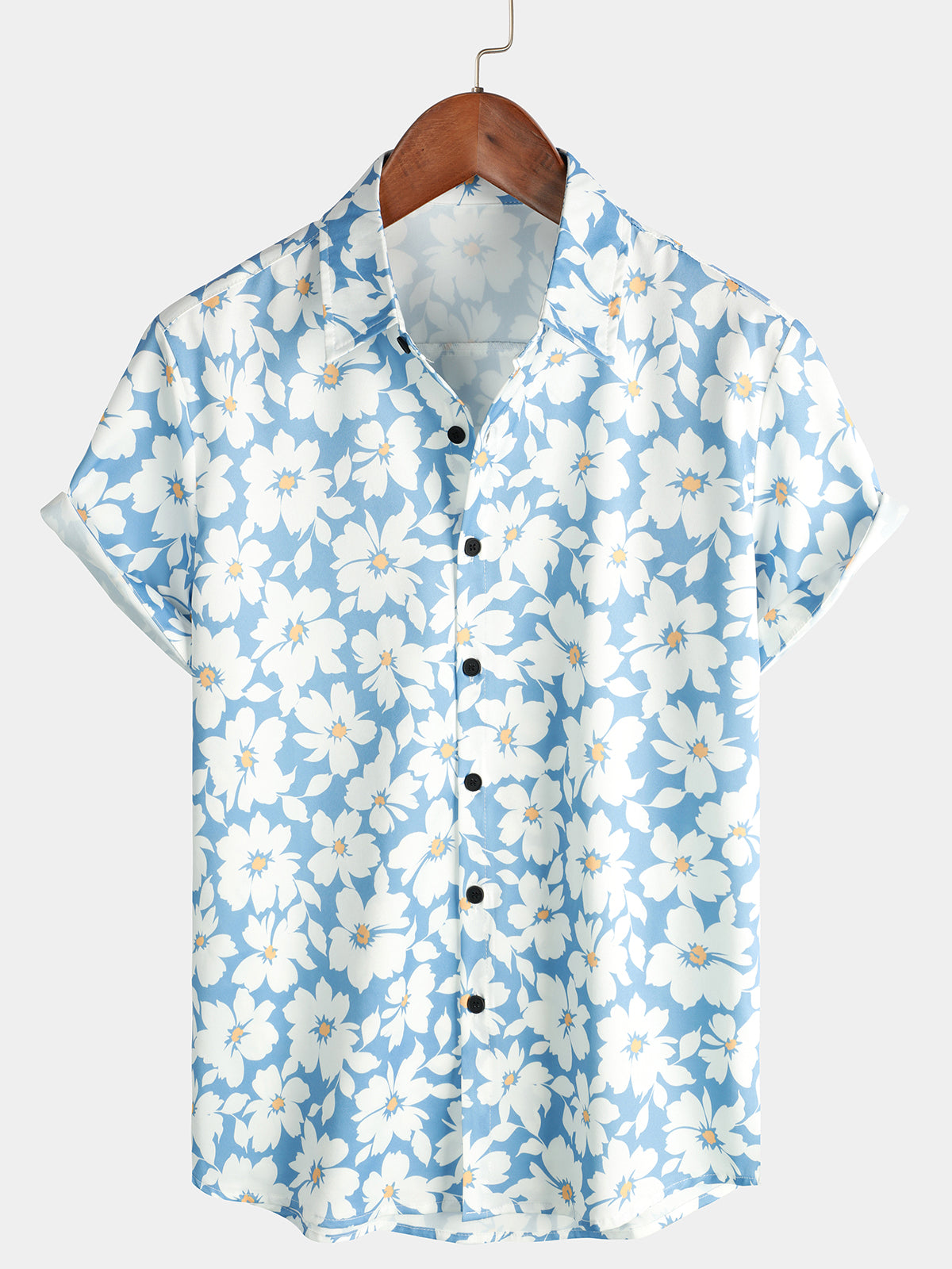 Men's Summer Floral Print Holiday Flower Resort Casual Lapel Light Blue Short Sleeve Shirt