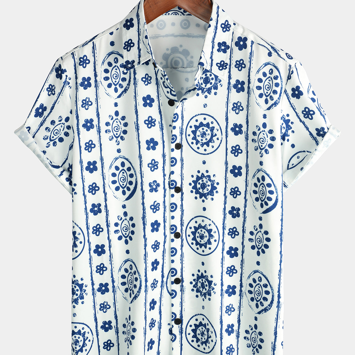 Men's Retro Casual Tribe Blue Striped Sun Art Print Vintage Top Button Up Short Sleeve Shirt