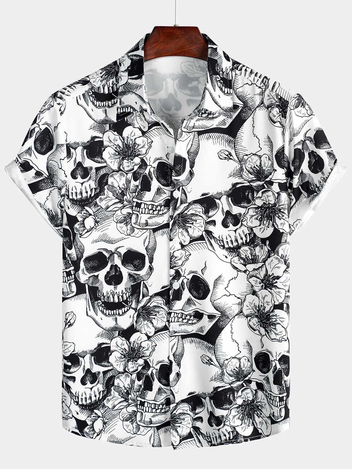 Men's Skull Punk Rocker Cool Rock Button Up Rockabilly Style Short Sleeve Hawaiian Shirt
