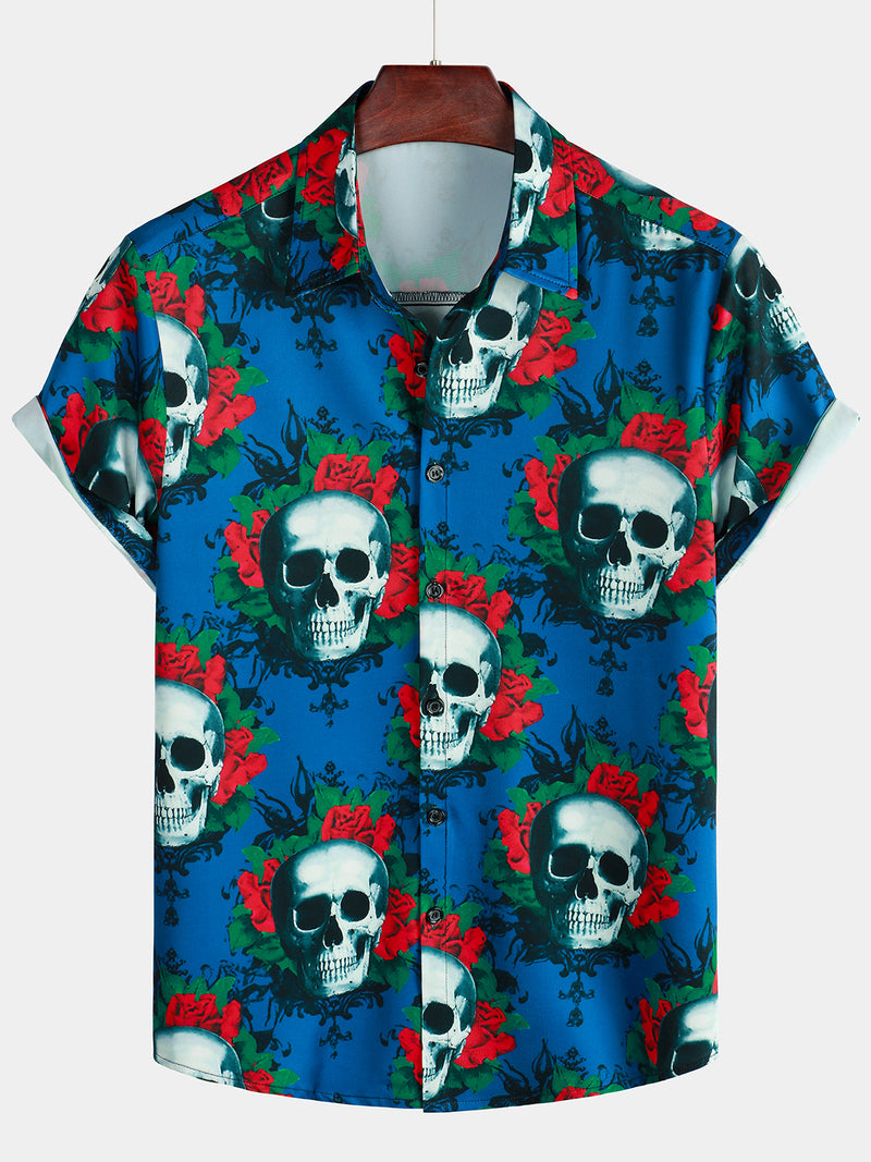 Men's Skull Rose Casual Button Up Hawaiian Party Short Sleeve Blue Shirt