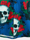 Men's Skull Rose Casual Button Up Hawaiian Party Short Sleeve Blue Shirt
