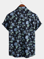 Men's Blue Floral Print Cotton Breathable Vacation Flower Short Sleeve Shirt
