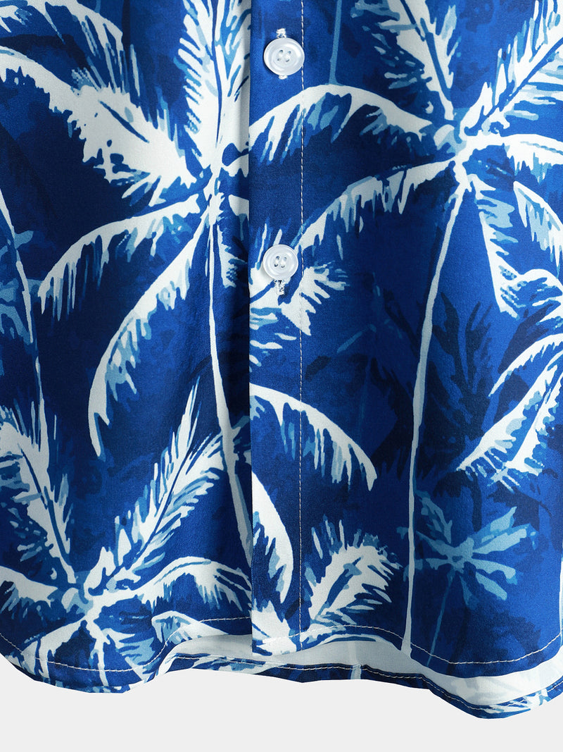 Men's Blue Tropical Coconut Tree Print Aloha Vacation Beach Short Sleeve Hawaiian Shirt