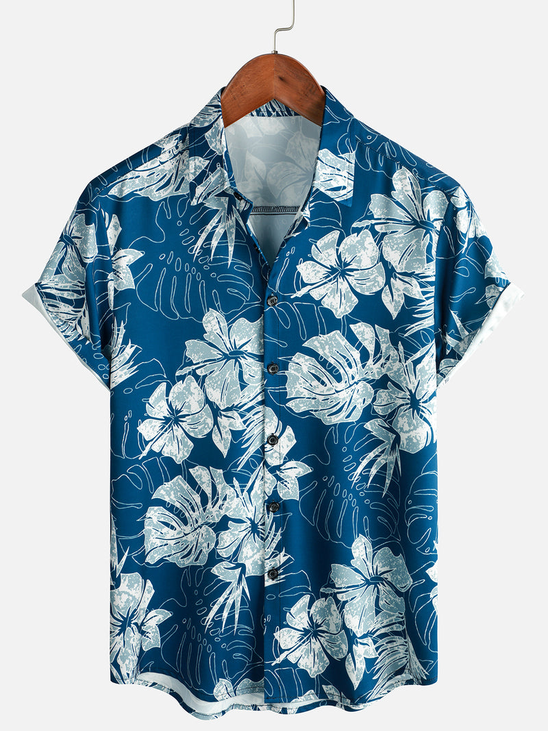 Men's Blue Tropical Print Aloha Vacation Beach Short Sleeve Holiday Hawaiian Shirt