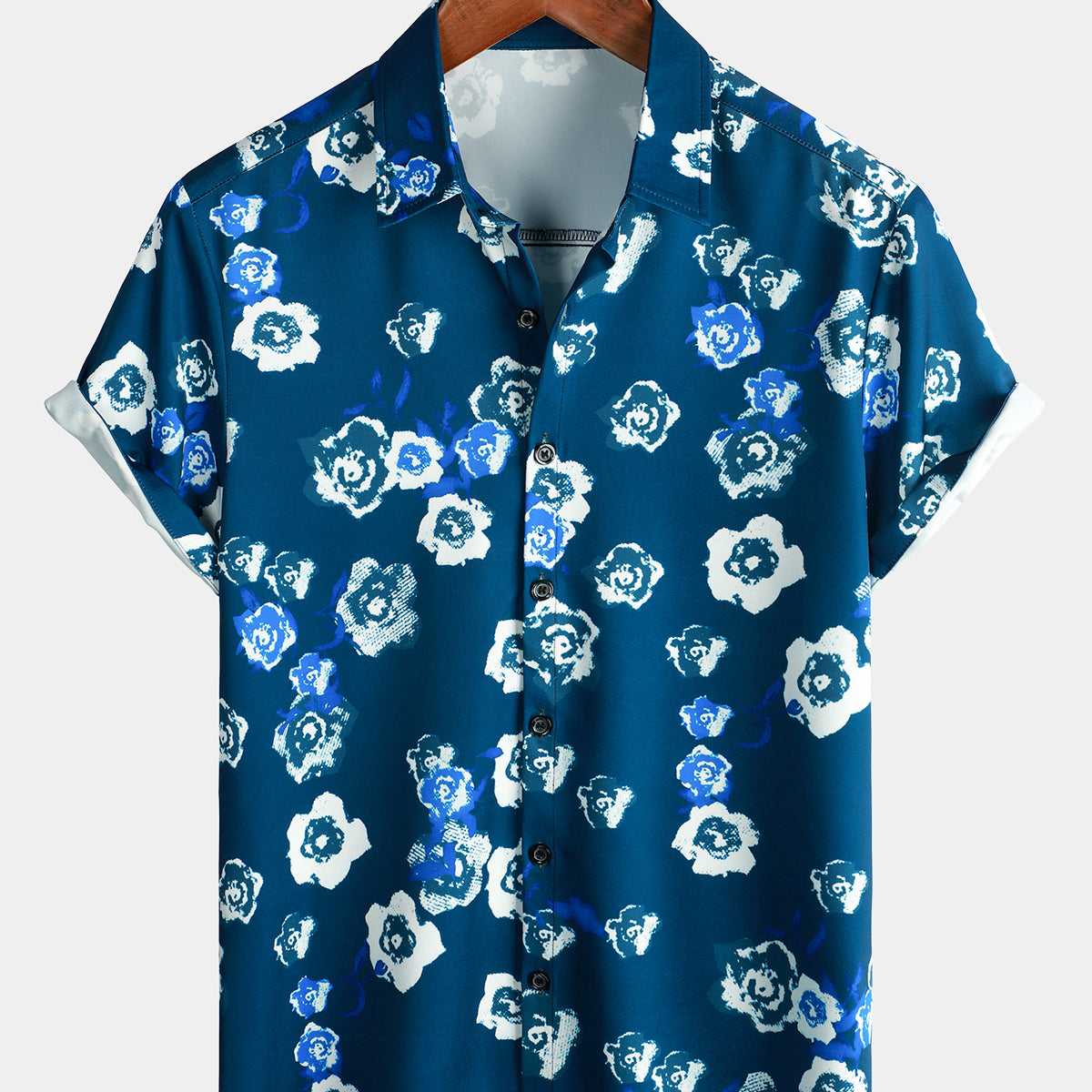 Men's Holiday Summer Casual Floral Button Up Navy Blue Short Sleeve Shirt