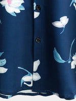 Men's Summer Casual Floral Button Up Navy Blue Short Sleeve Shirt