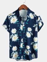 Men's Navy Blue Daisy Floral Button Up Holiday Casual Flower Short Sleeve Shirt
