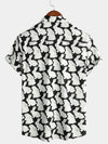 Men's Cotton Bunny Cute Rabbit Animal Print Button Up Black and White Breathable Short Sleeve Shirt