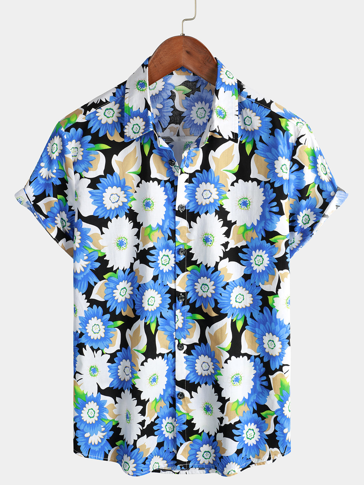 Men's Floral Print Breathable Cotton Cool Short Sleeve Blue Flower Button Up Shirt