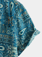 Men's Vintage Beach Tropical Print Vacation Tribal Boho Short Sleeve Retro Blue Button Up Shirt