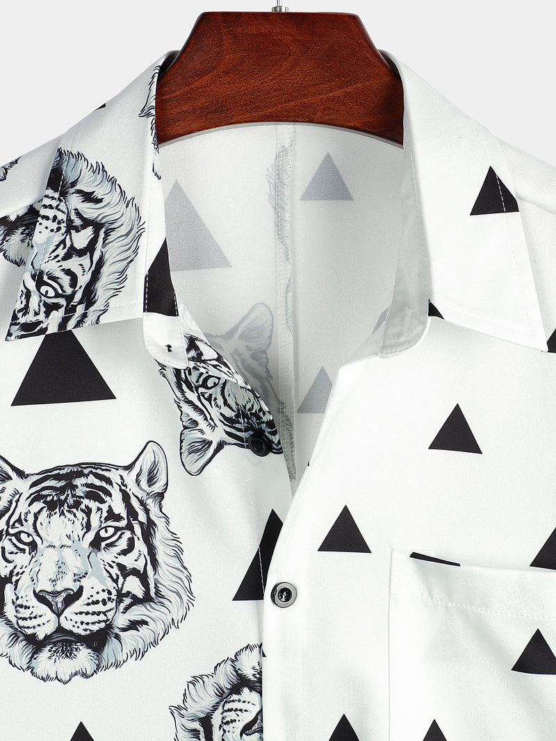Men's Tiger Print Summer Pocket Causal Short Sleeve Shirt