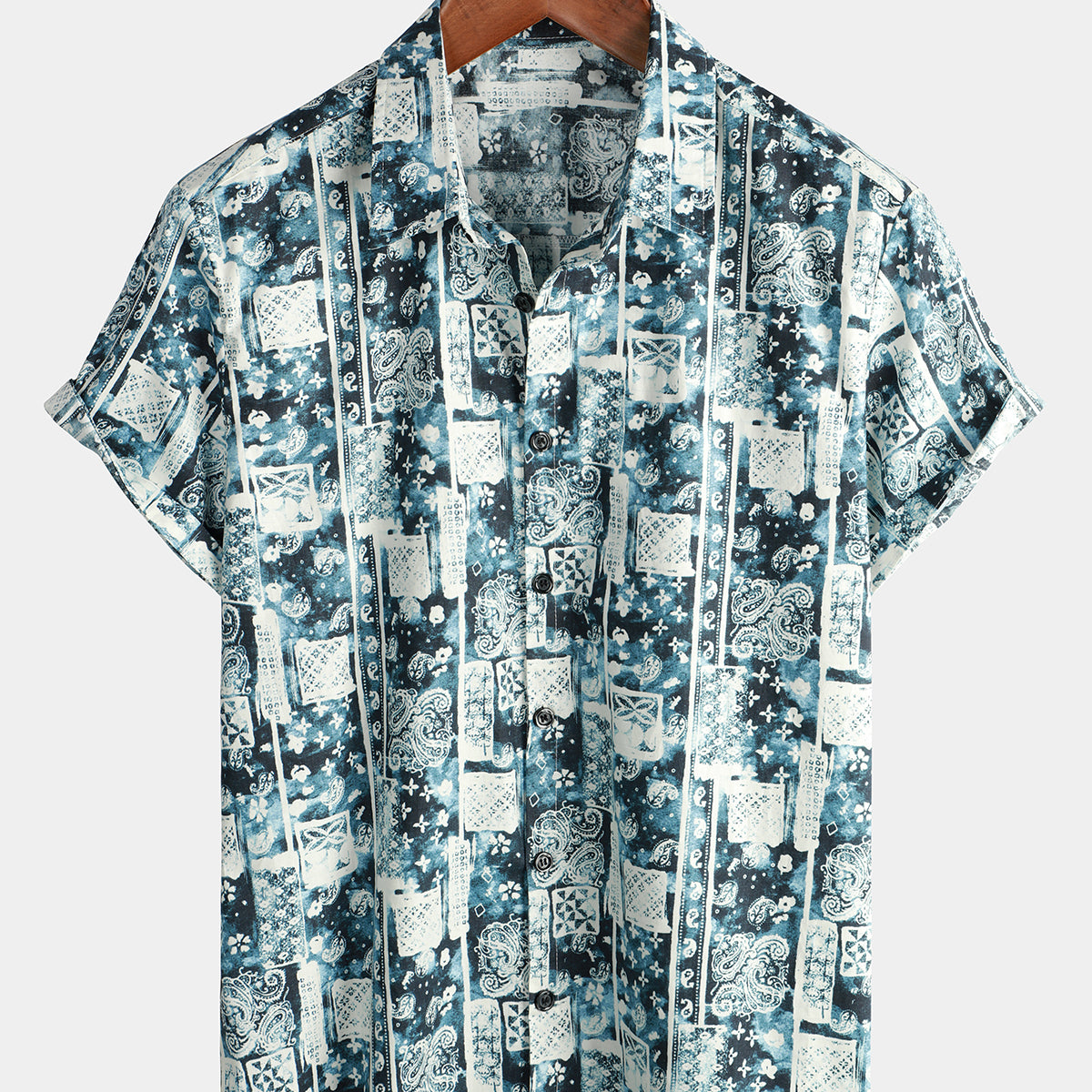 Men's Paisley Floral Print Casual Cotton Button Up Vintage Holiday Breathable Short Sleeve Shirt