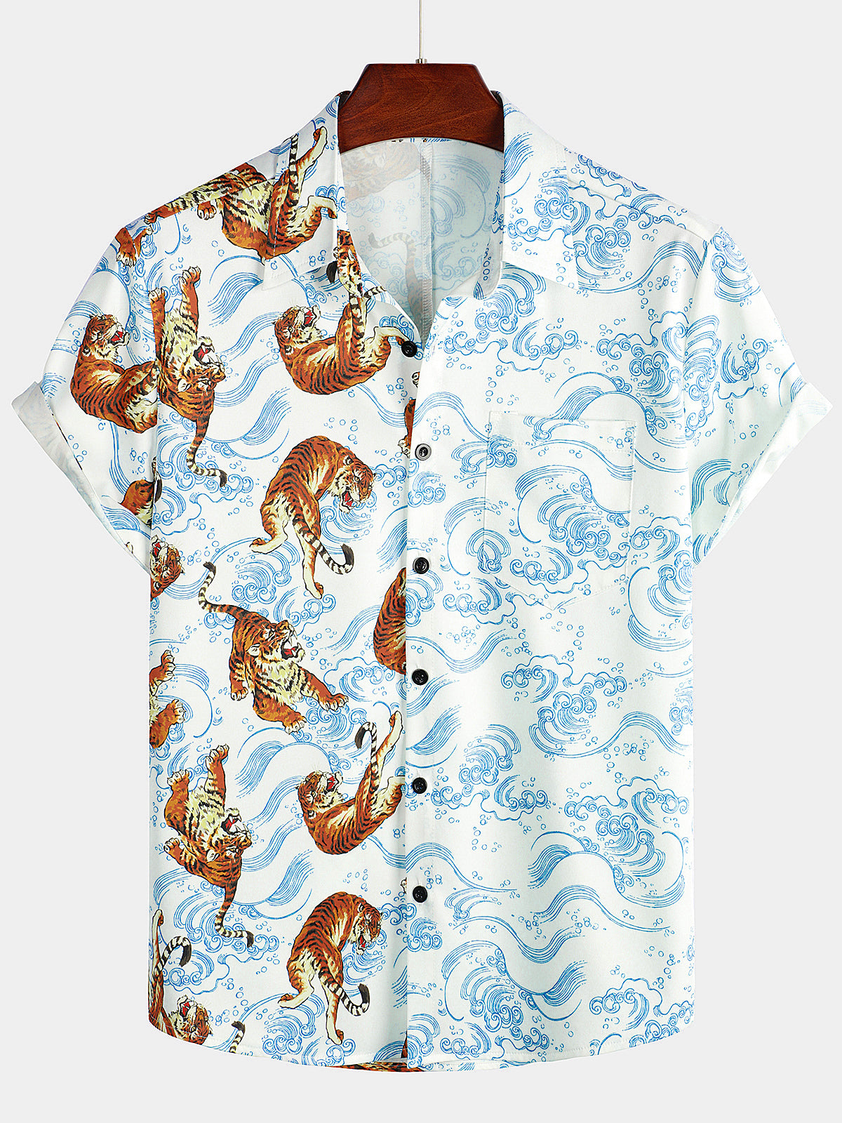 Men's Tiger Animal Print Summer Short Sleeve Cool Hawaiian Beach Button Up Pocket Shirt
