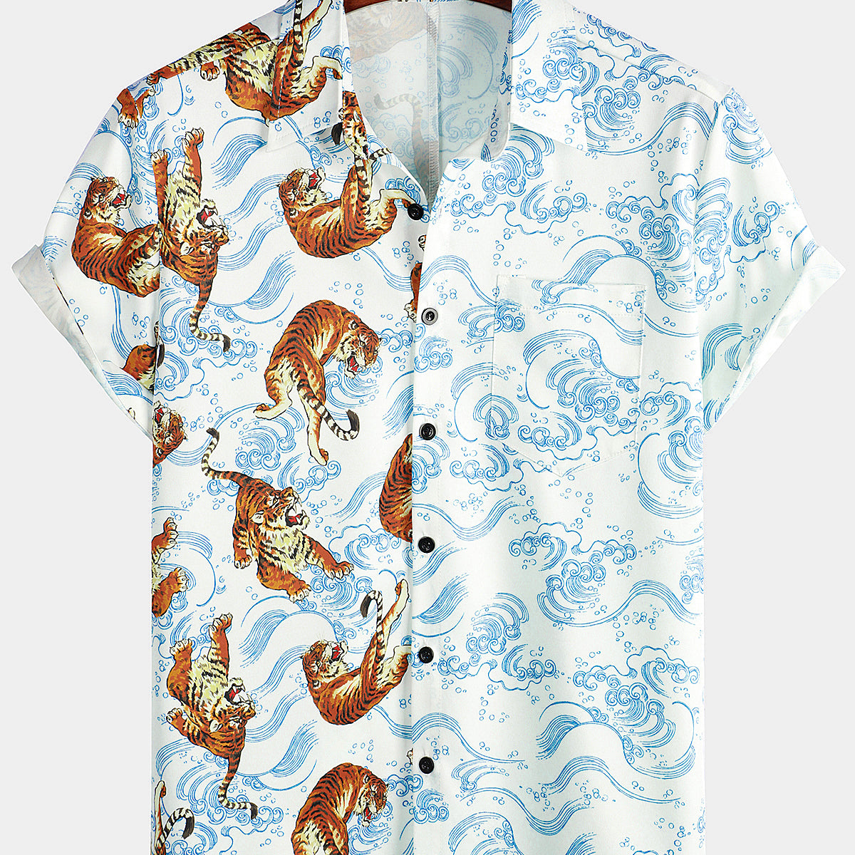 Men's Tiger Animal Print Summer Short Sleeve Cool Hawaiian Beach Button Up Pocket Shirt